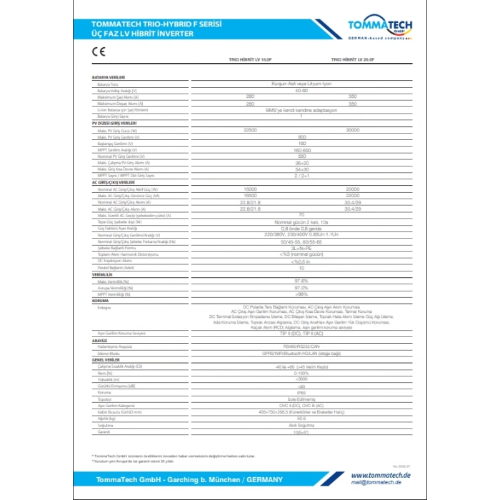 TommaTech Trio Hibrit F Serisi 20kW LV Hibrit İnverter